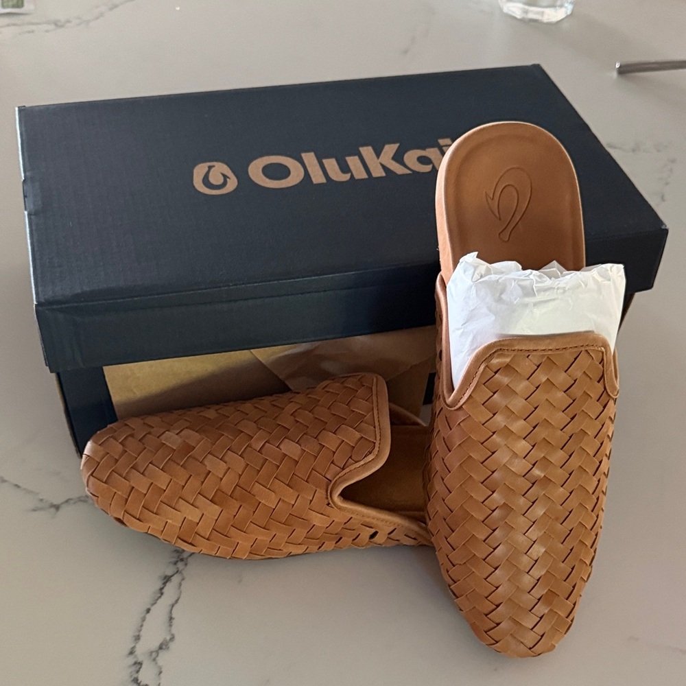OluKai Tan Woven Leather Slide Mules